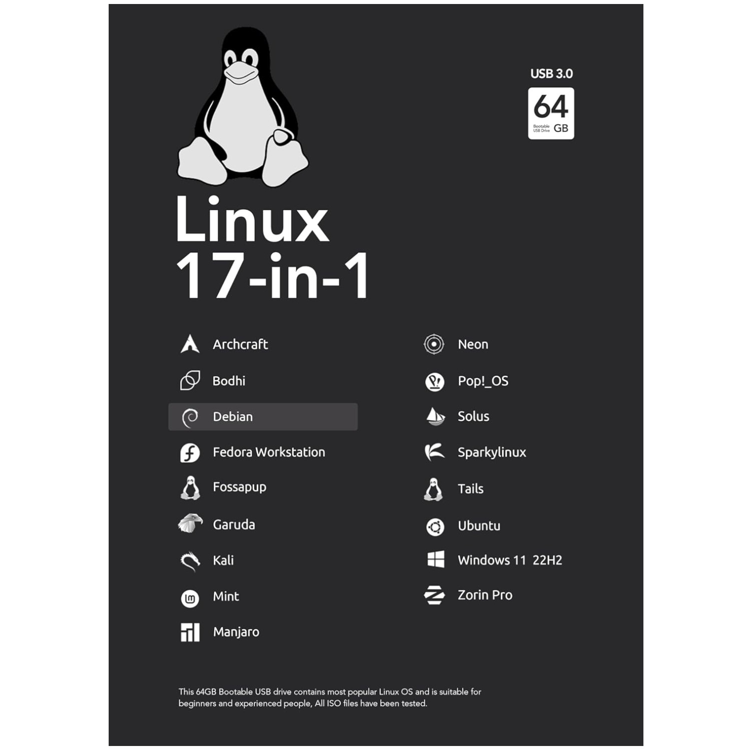 64GB 17-in-1 Bootable USB Drive for Linux & Windows 11