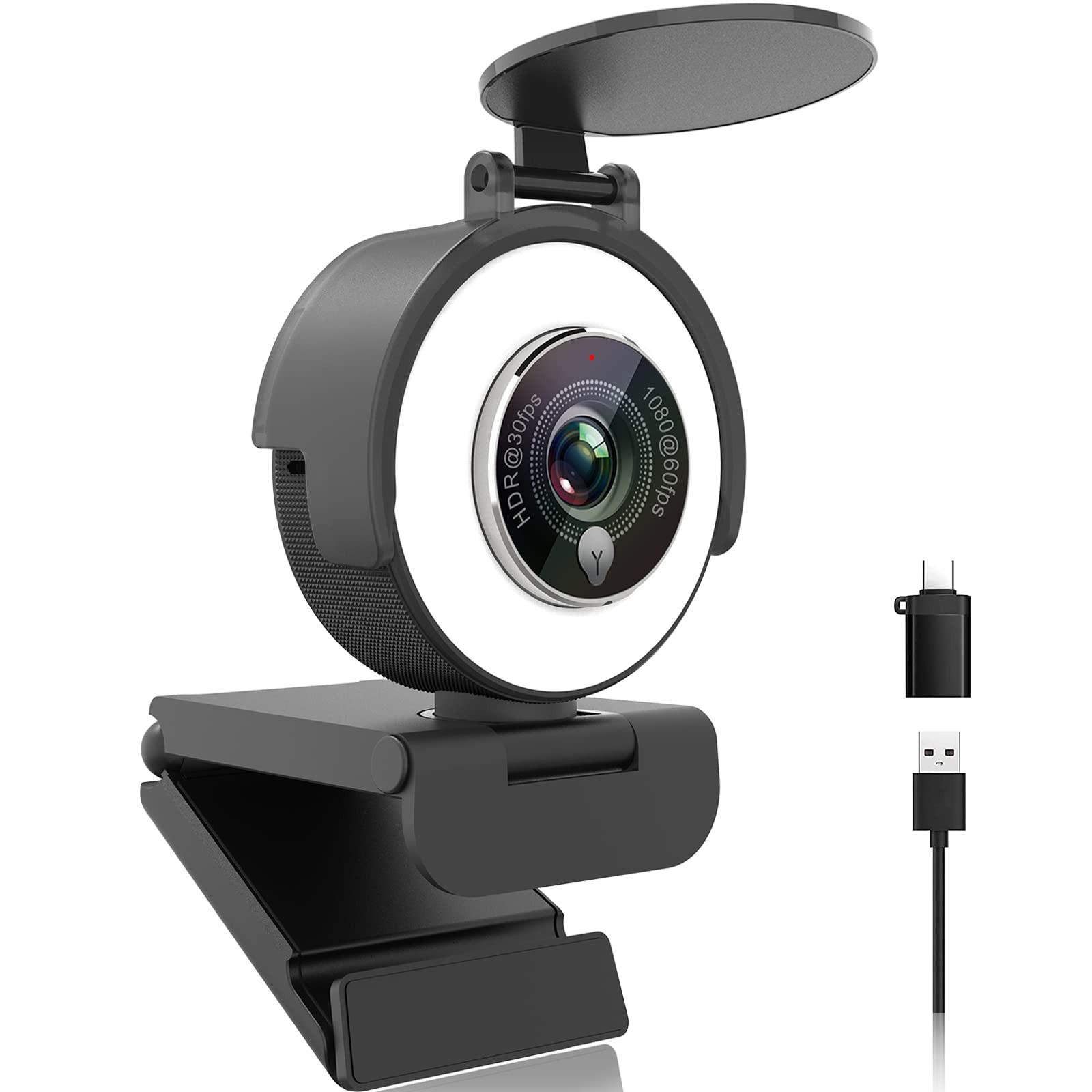 Angetube 1080p Webcam with Ring 1080P@60fps or HDR Mode, Black