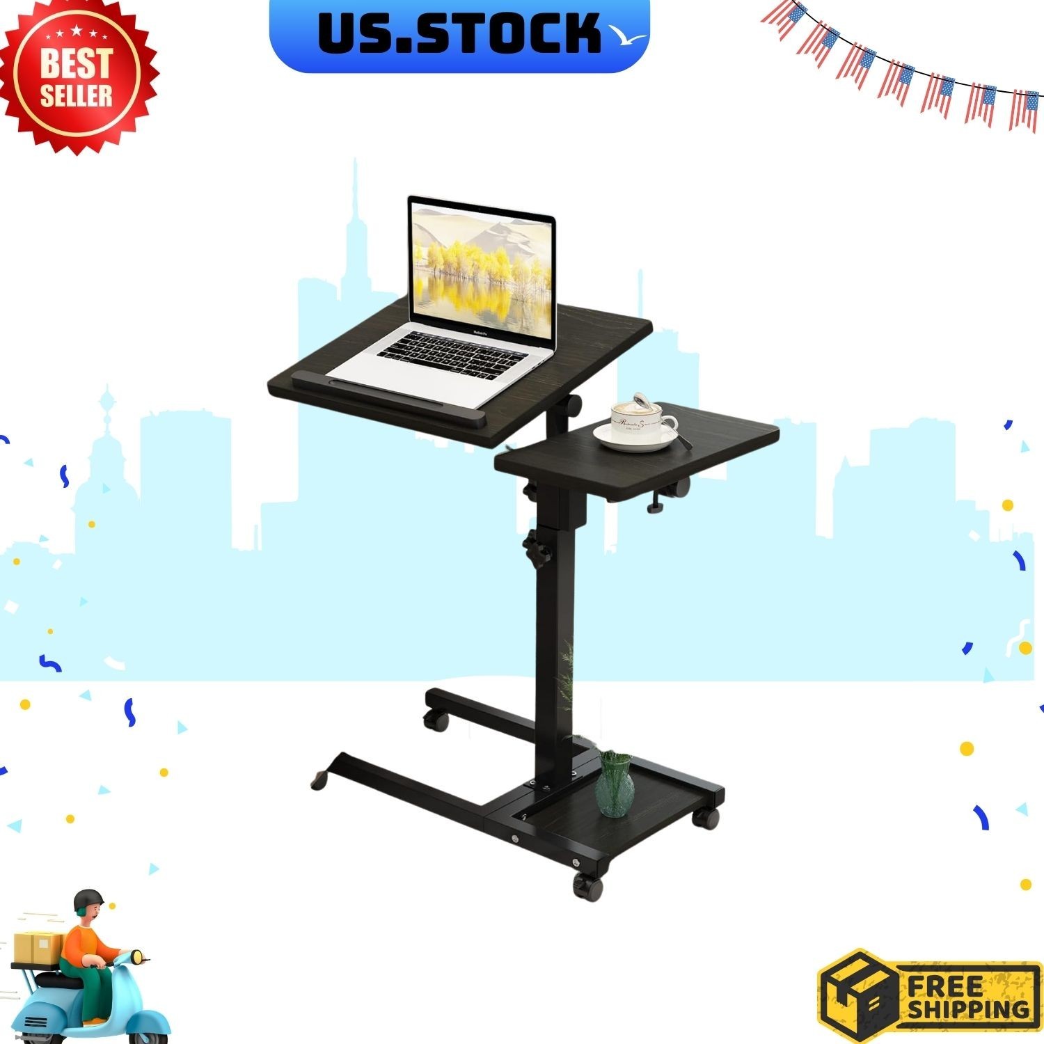 NEW Mobile Adjustable Height Laptop Stand Rolling Desk Cart with Wheels Tiltable