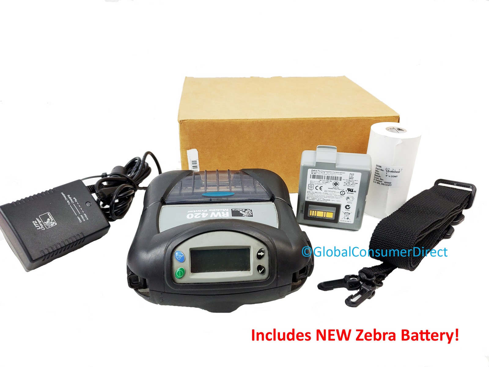 Zebra RW420 RW R4D-0UBA000N-00 4" Printer BLUETOOTH +CHARGER, PAPER, NEW BATTERY