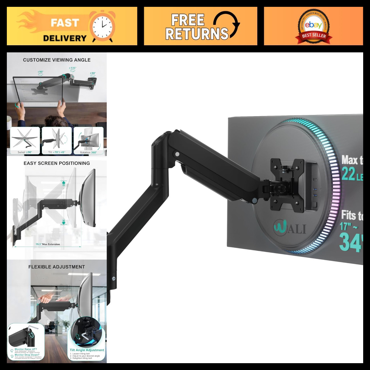 Adjustable Single Monitor Wall Mount for 17-34" Screens, Supports Up to 22 lbs