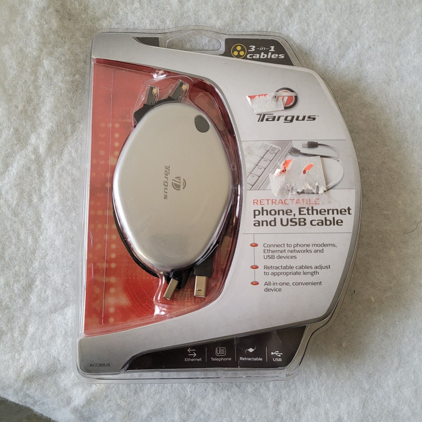 Targus 3-in-1 Retractable Phone, Ethernet, and USB Cable Device (ACC80US), New.