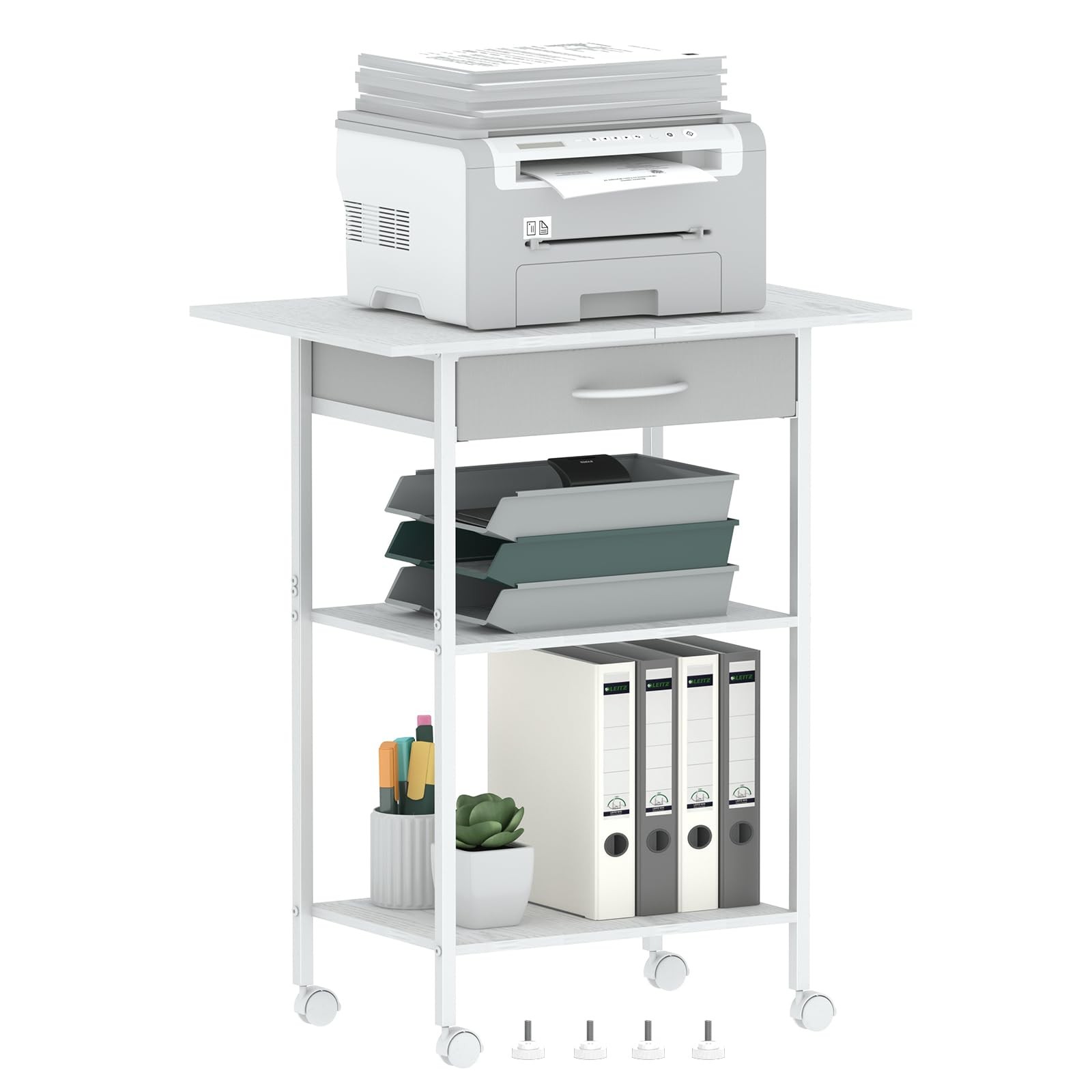 White 3Tier Printer Stand Cart with Fabric Drawer Industrial Storage Wheels