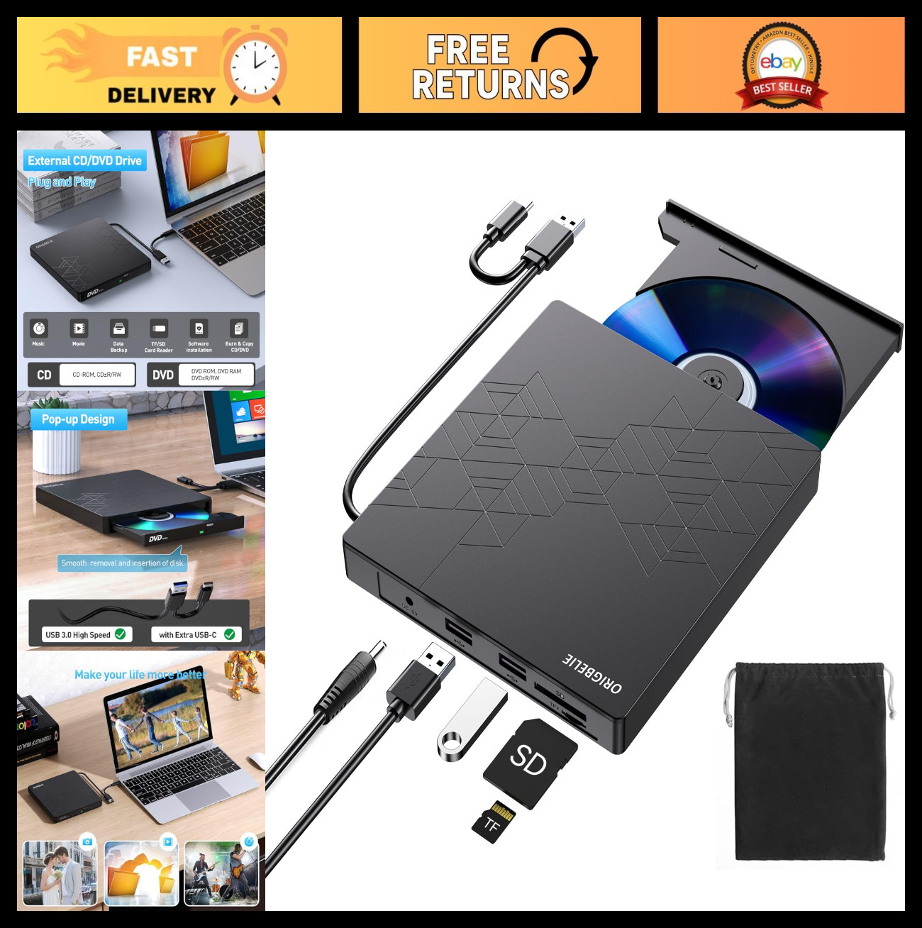 External DVD Drive USB 3.0 Type C CD/DVD ROM +/-RW Adapter for Laptop PC, Optica