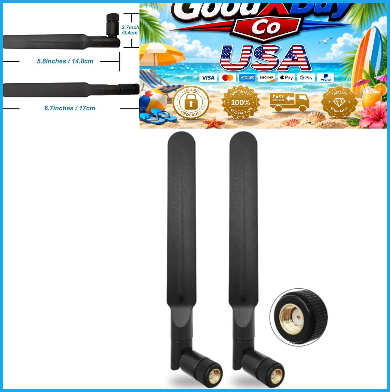Tri-Band WiFi 6E Antenna 5dBi RP-SMA Male 2 Pack 6GHz 5GHz 2.4GHz Desktop
