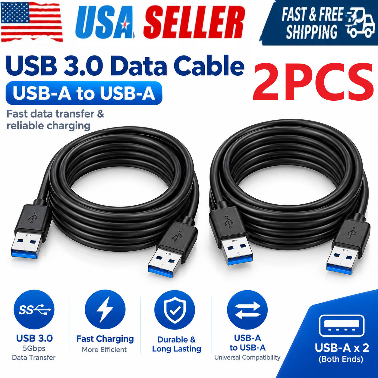 2x USB 3.0 A Male to A Male Cable Data Transfer Super Speed Power Charger Metal