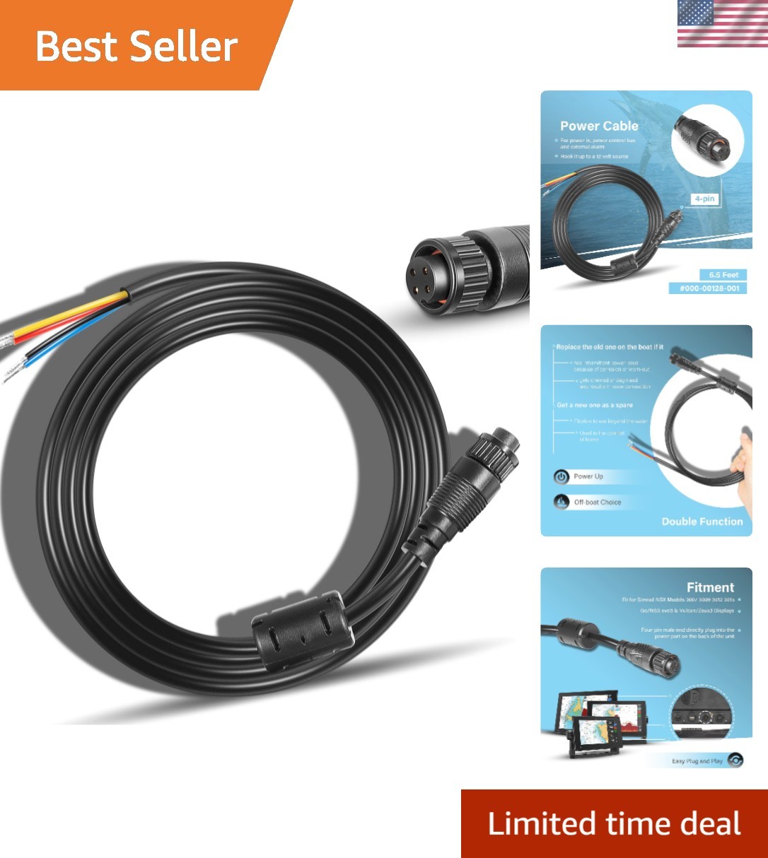 000-00128-001 4-pin Power Cord Fit for Simrad GO9/12, Vulcan 7/9/12, NSS EVO3...
