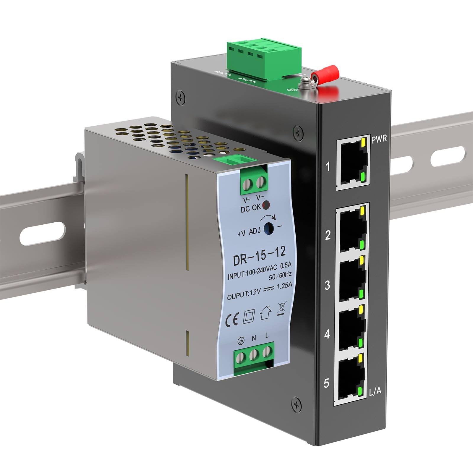 5 Port 100Mb Unmanaged Industrial Switch with DIN Rail 15W Power Supply,10/10...