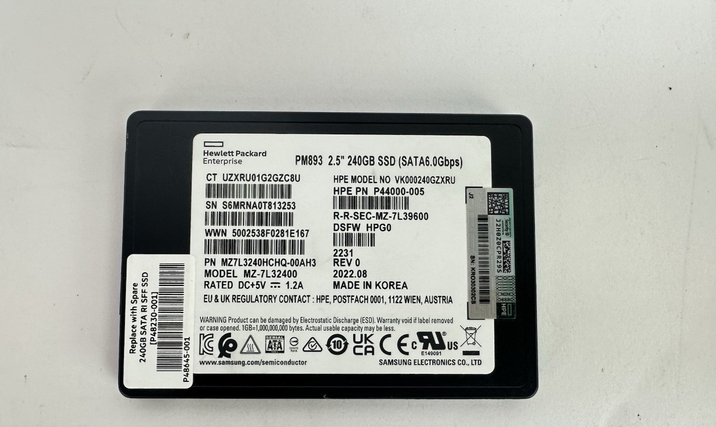 HPE 240GB SATA3 6Gb/s Read Intensive SSD P44000-005 P48230-001 PM893 RI 97%