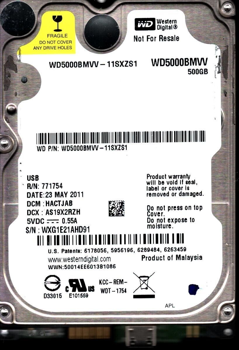 WD5000BMVV-11SXZS1 S/N:WXG1E DCM:HACTJAB WESTERN DIGITAL 500GB MALAYSIA MAY 2011