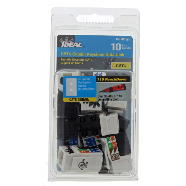 IDEAL (10-PACK) Cat6 Gigabit Keystone Data Jack Connectors (89-761WH) - NEW