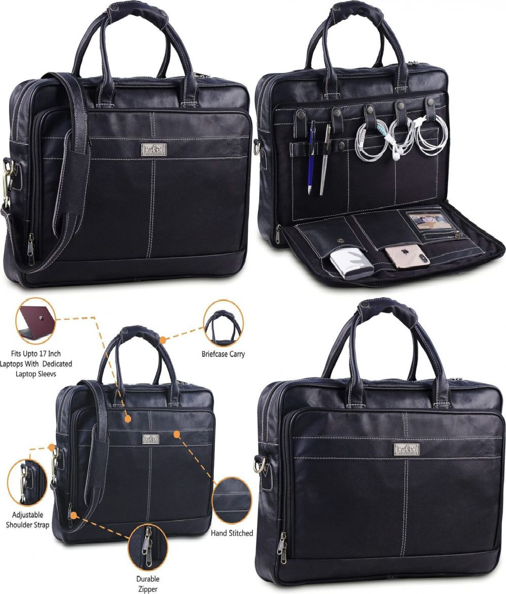 18 Inch Black Leather Laptop Bag For Men Messenger 