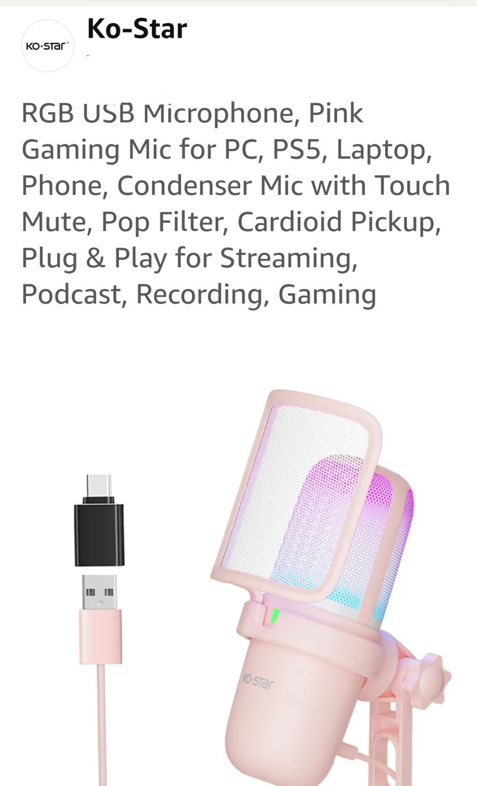 KO-STAR RGB USB Microphone, Pink Gaming Mic for PC, PS5, Laptop, Phone..... 