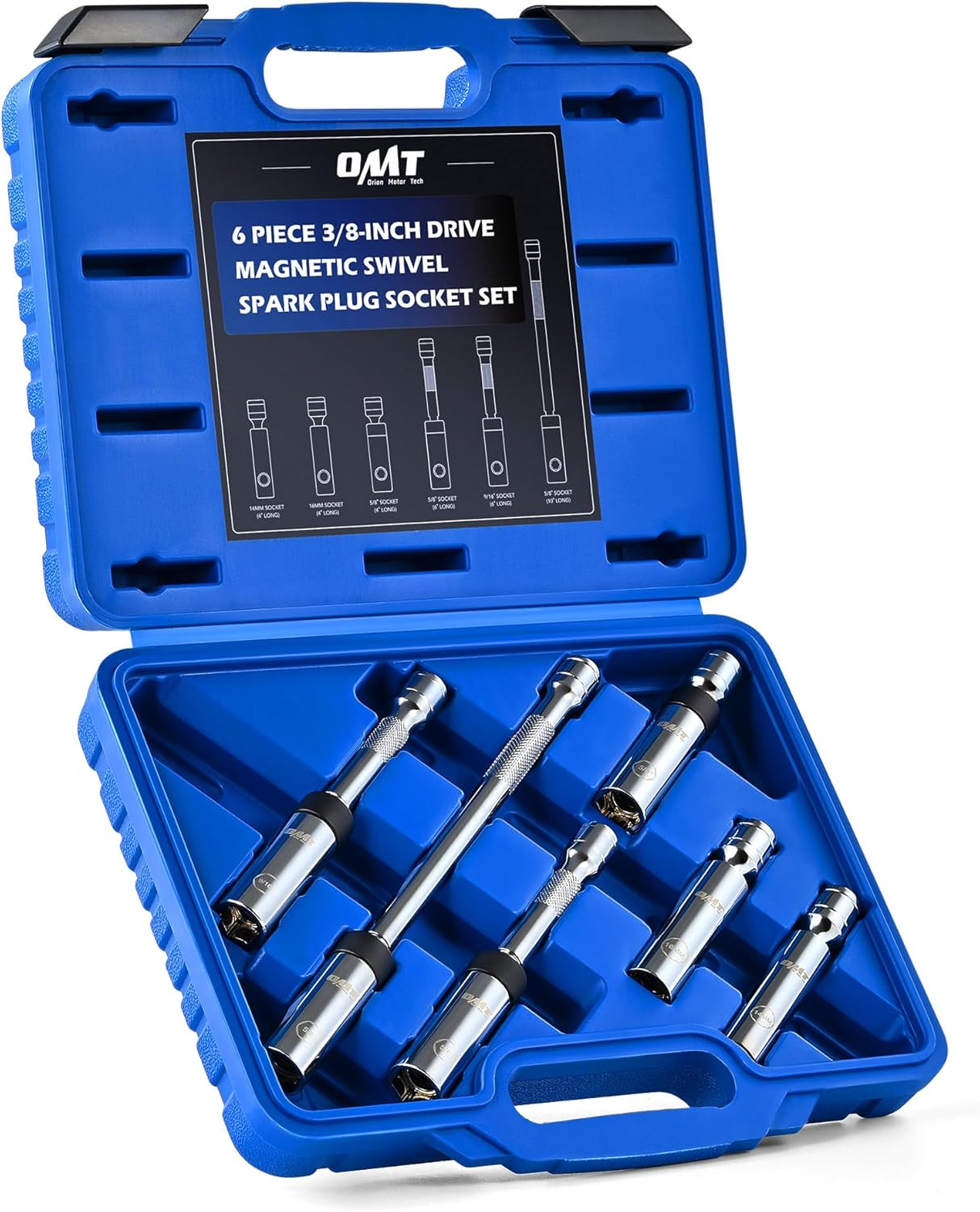 6Pc 3/8" Magnetic Swivel Thin Wall Spark Plug Socket Set 14mm 16mm Cr-V