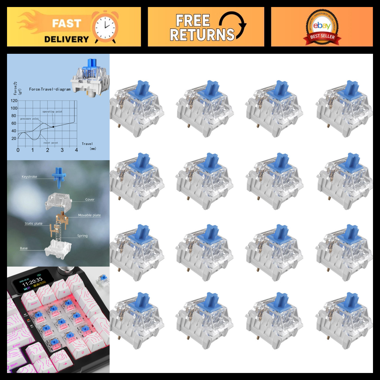 72pcs Clickers for 3D Prints - Blue Clicky Keyboard Switches, Mechanical Feel