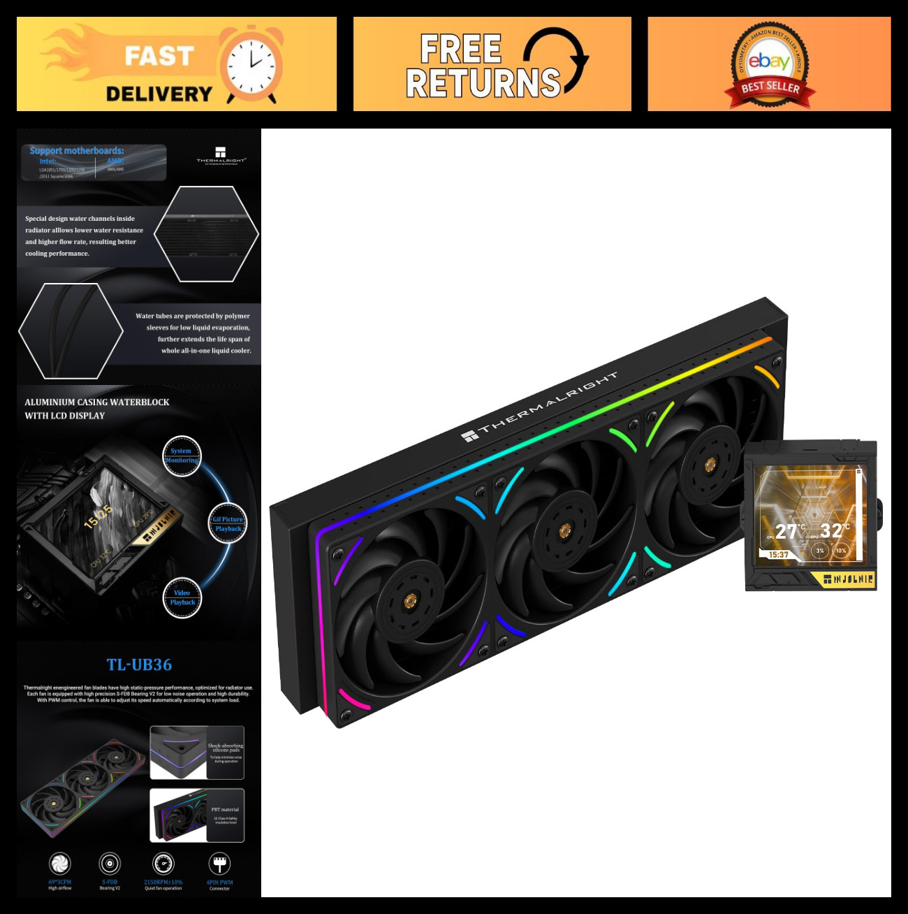 High-Performance 360mm ARGB CPU AIO Cooler, 3.5" LCD Screen, AM4/AM5, Intel Comp