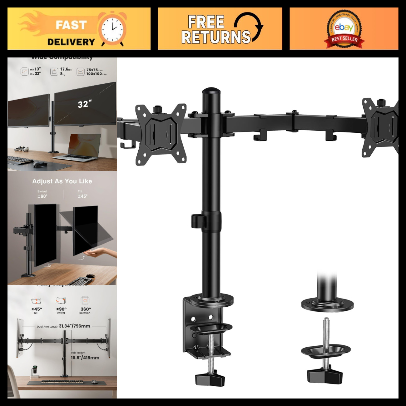 Dual Monitor Stand - Heavy Duty Adjustable Desk Mount for 2 Screens up to 32" -