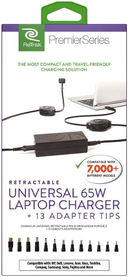 ReTrak 65W Universal AC Laptop Charger, 13 Adapter Tips, Retractable ETCHGNBUNN2