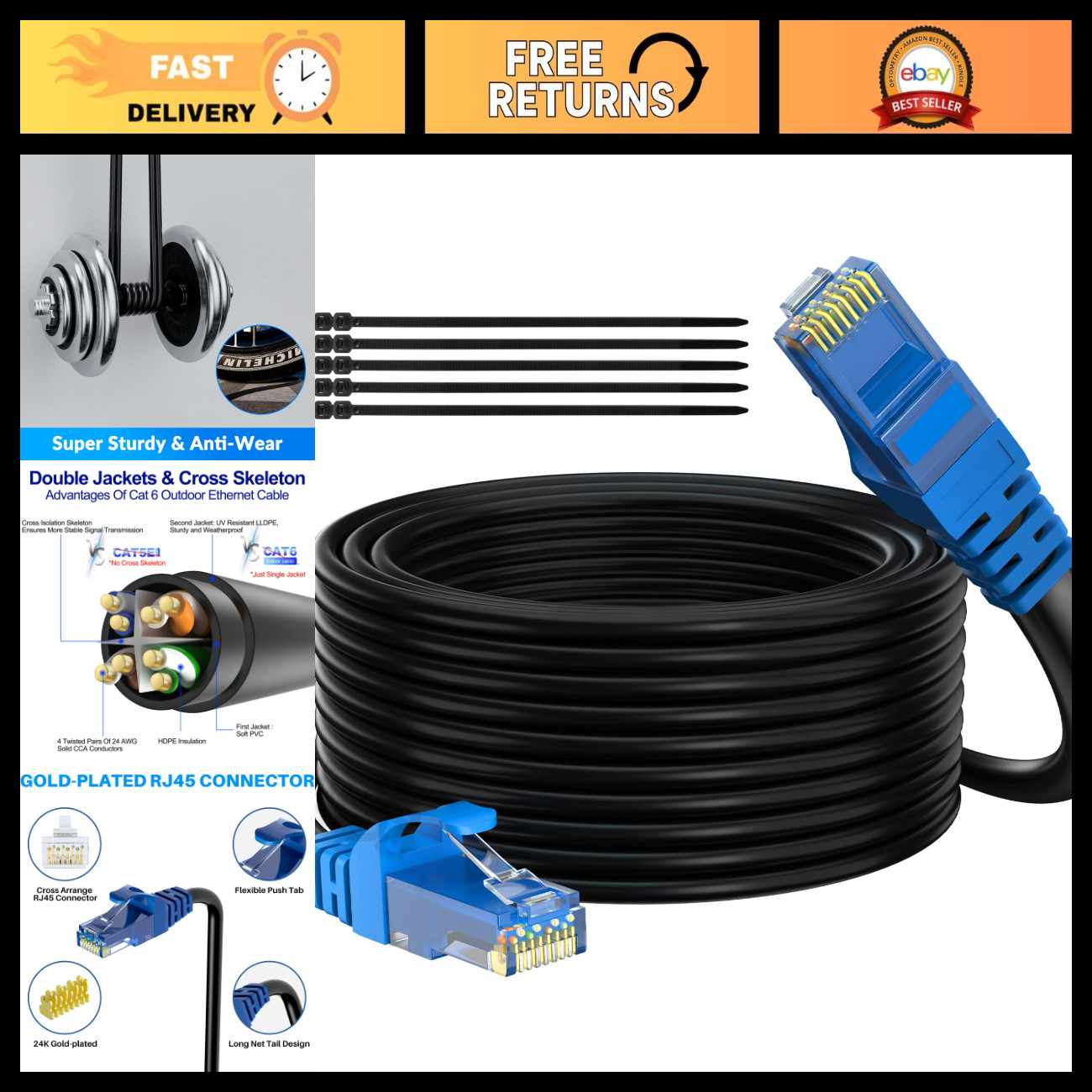 High-Speed 50FT Cat 6 Outdoor Ethernet Cable, Heavy Duty Waterproof LAN Cord, PO