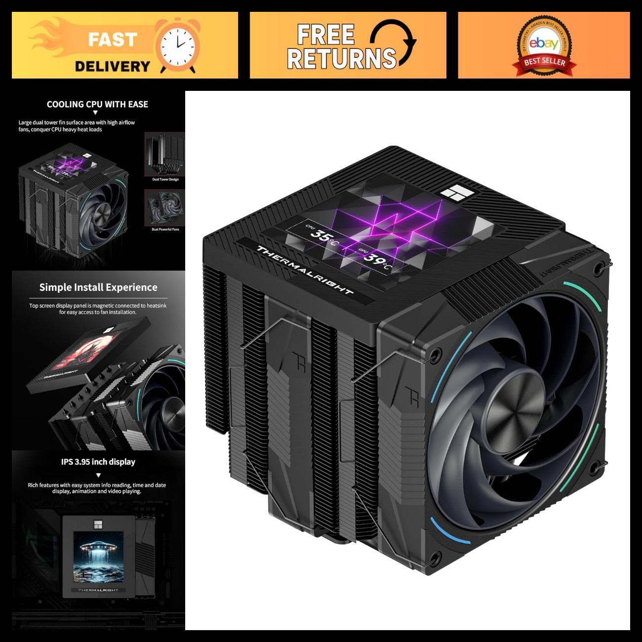 High-Performance CPU Air Cooler, Twin Tower Design, 2150RPM, IPS Screen, Intel/A