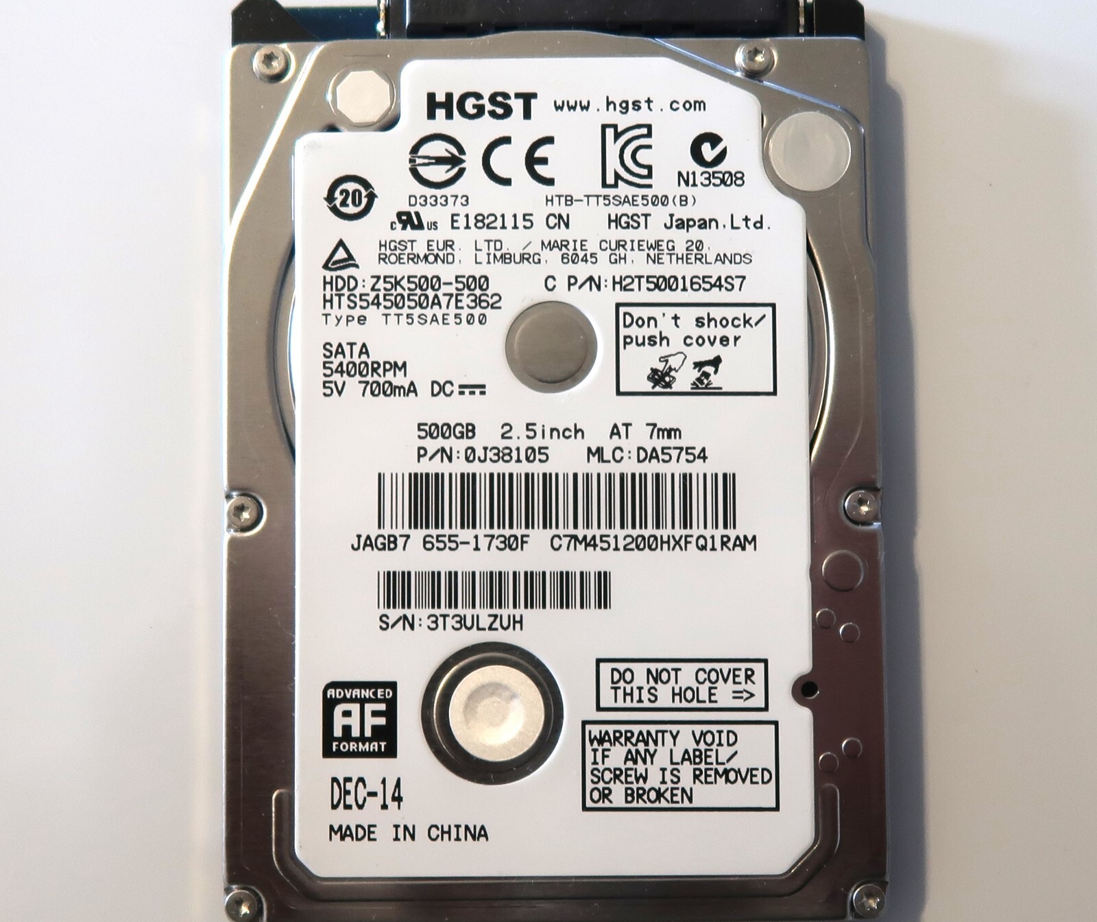 Hitachi HTS545050A7E362 PN: 0J38105 MLC: DA5754 China 2.5" Sata 500gb 2014