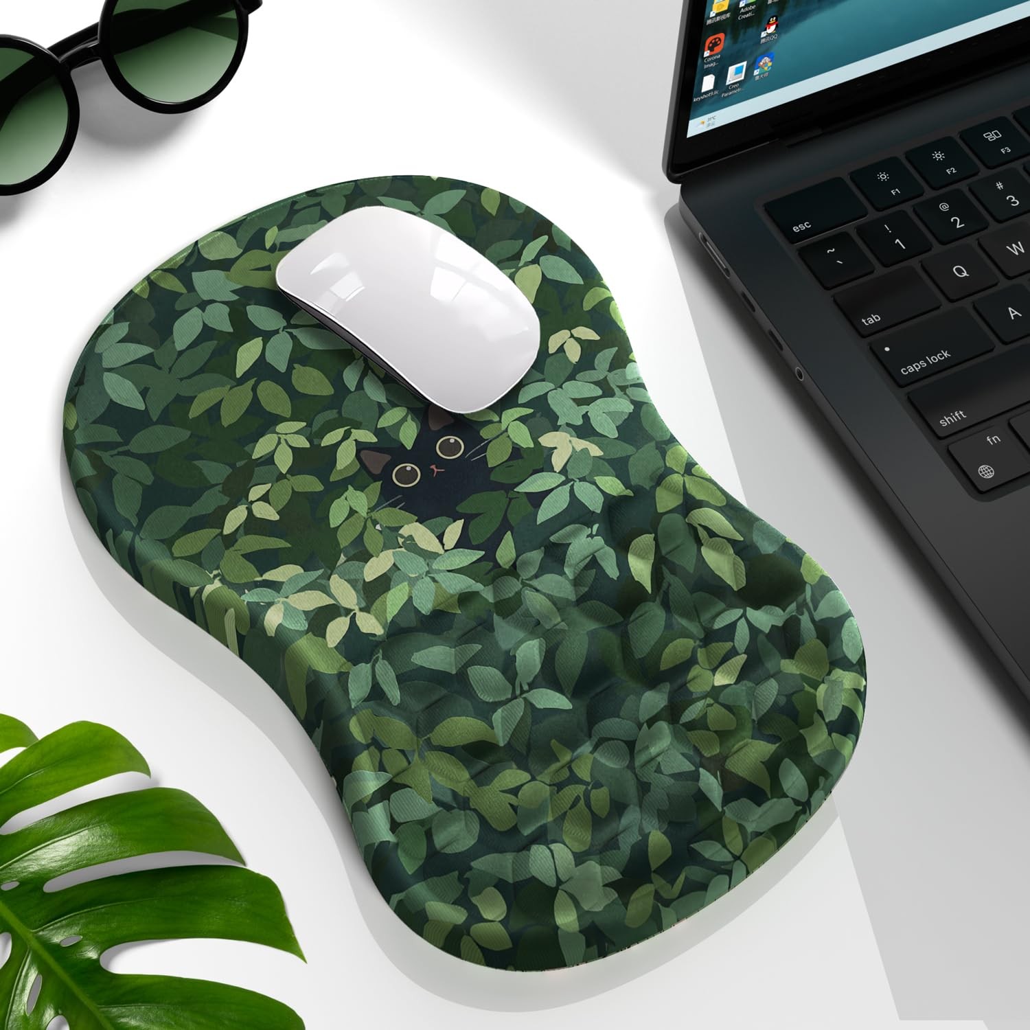 Cute Cat Ergonomic Mouse Pad With Wrist Rest Green Mat Fatigue Relief Office