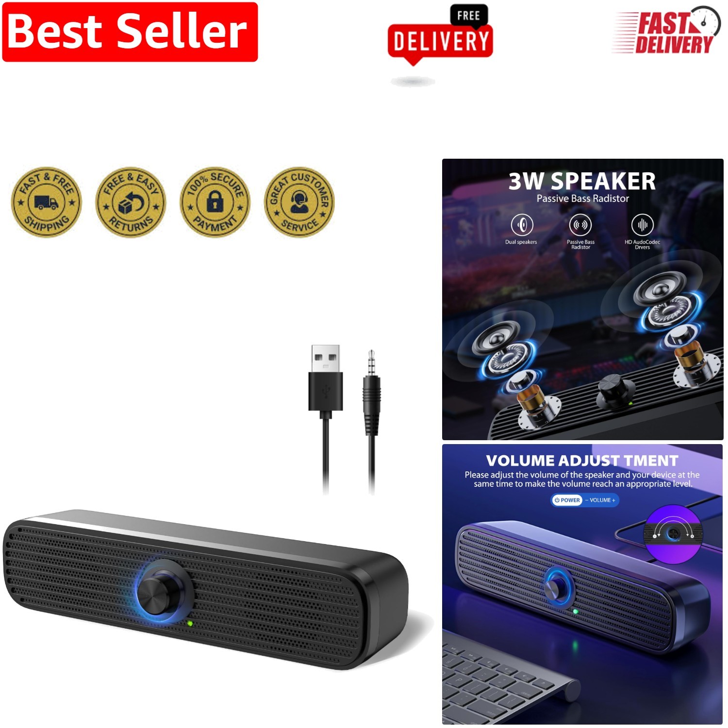 High-Quality USB Computer Speakers with Built-in Microphone & Sound Control