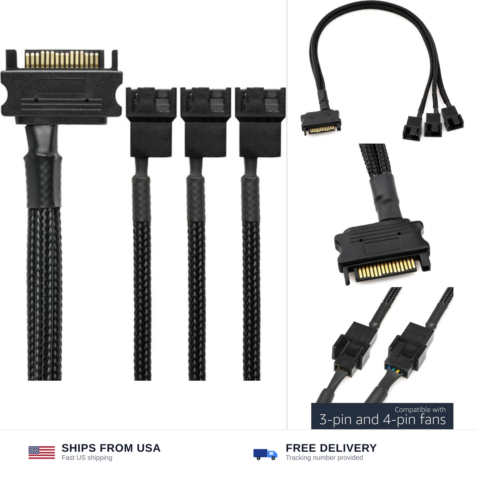 CRJ 15-Pin SATA to 3 PC Fan Power Adapter Cable - 12-inch (30cm), Black Sleev...