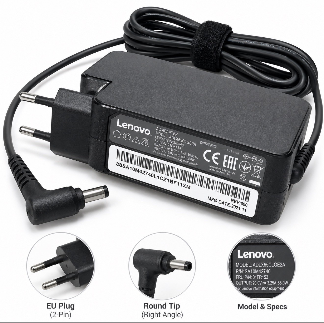 Lenovo 65W OEM Laptop Charger SA10M42740 20V 3.25A Round Tip EU Plug