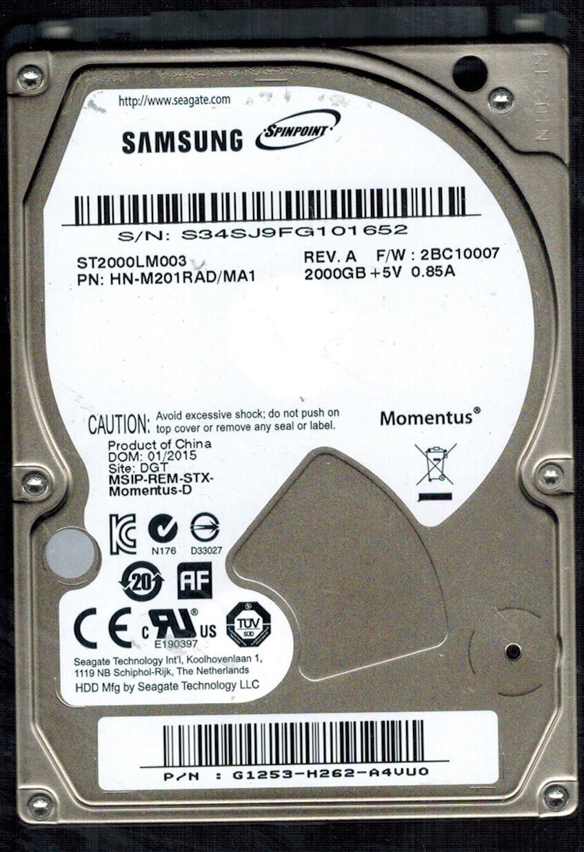 ST2000LM003 P/N: HN-M201RAD/MA1 S/N: S34SJ 2BC10007 SAMSUNG 2TB CHINA JAN 2015
