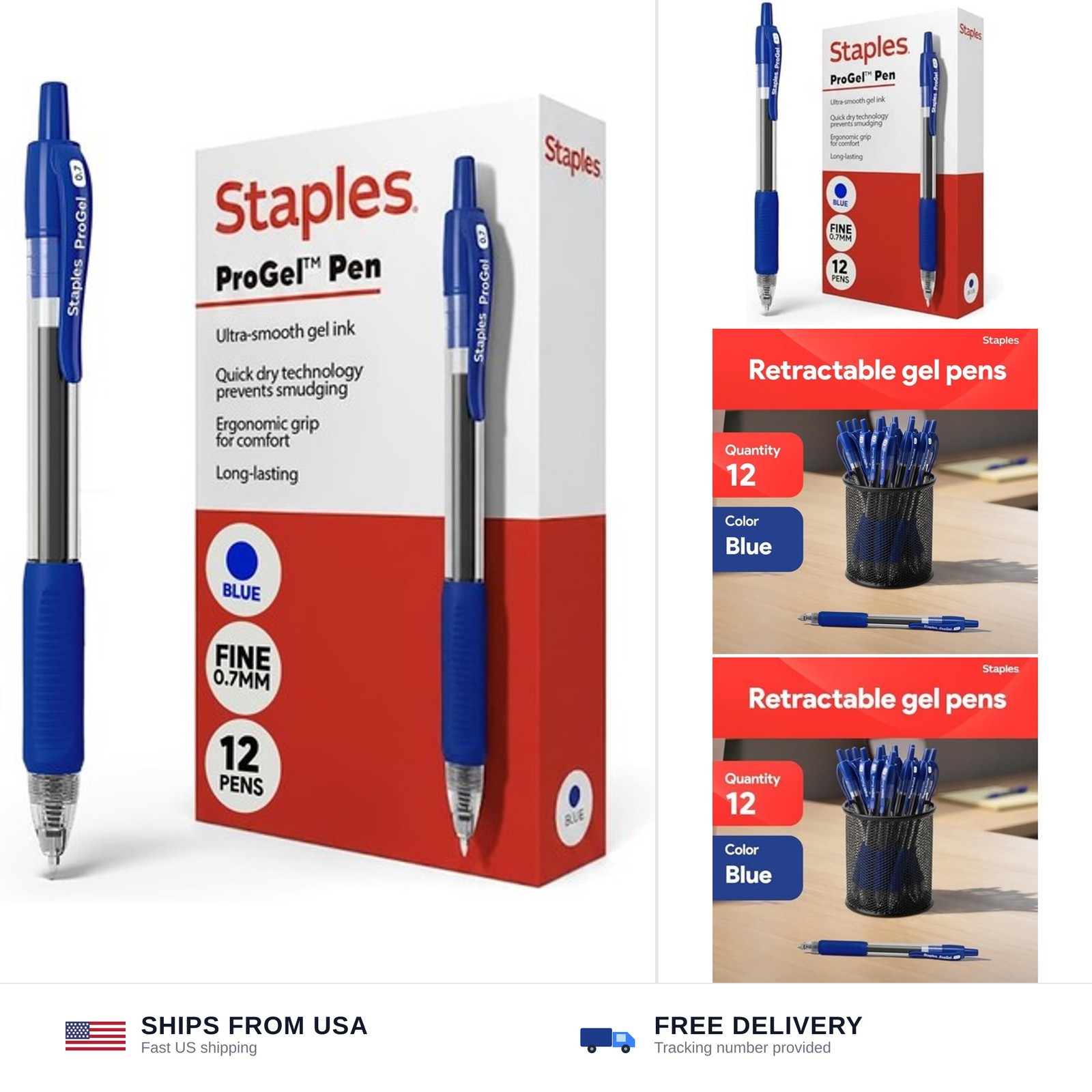 STAPLES Retractable Gel Pens, Fine Point 0.7mm, Blue Ink, 12 Pack – ProGel Sm...