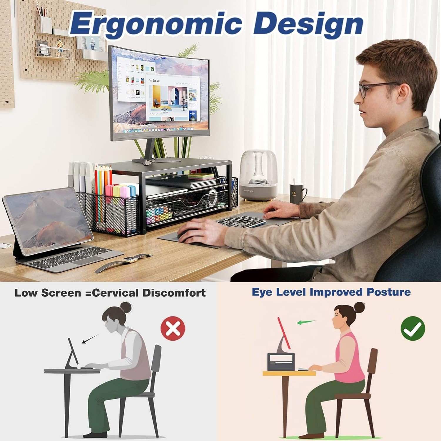 Desk Organizer and Accessories, 2-Tier Computer Monitor Stand Riser with Drawer 