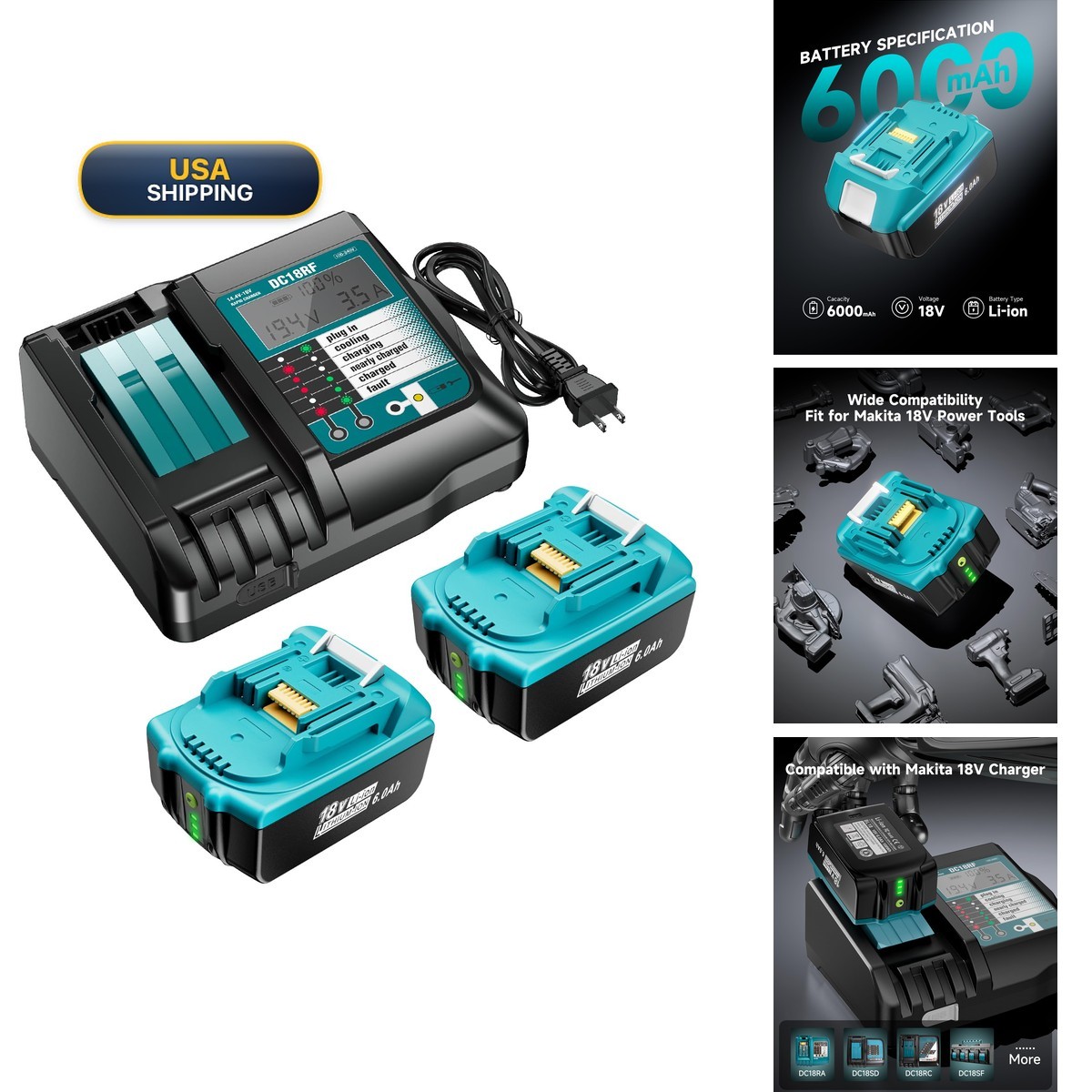 Farmice 2 Pack 6.0Ah Battery and Charger for Makita 18V