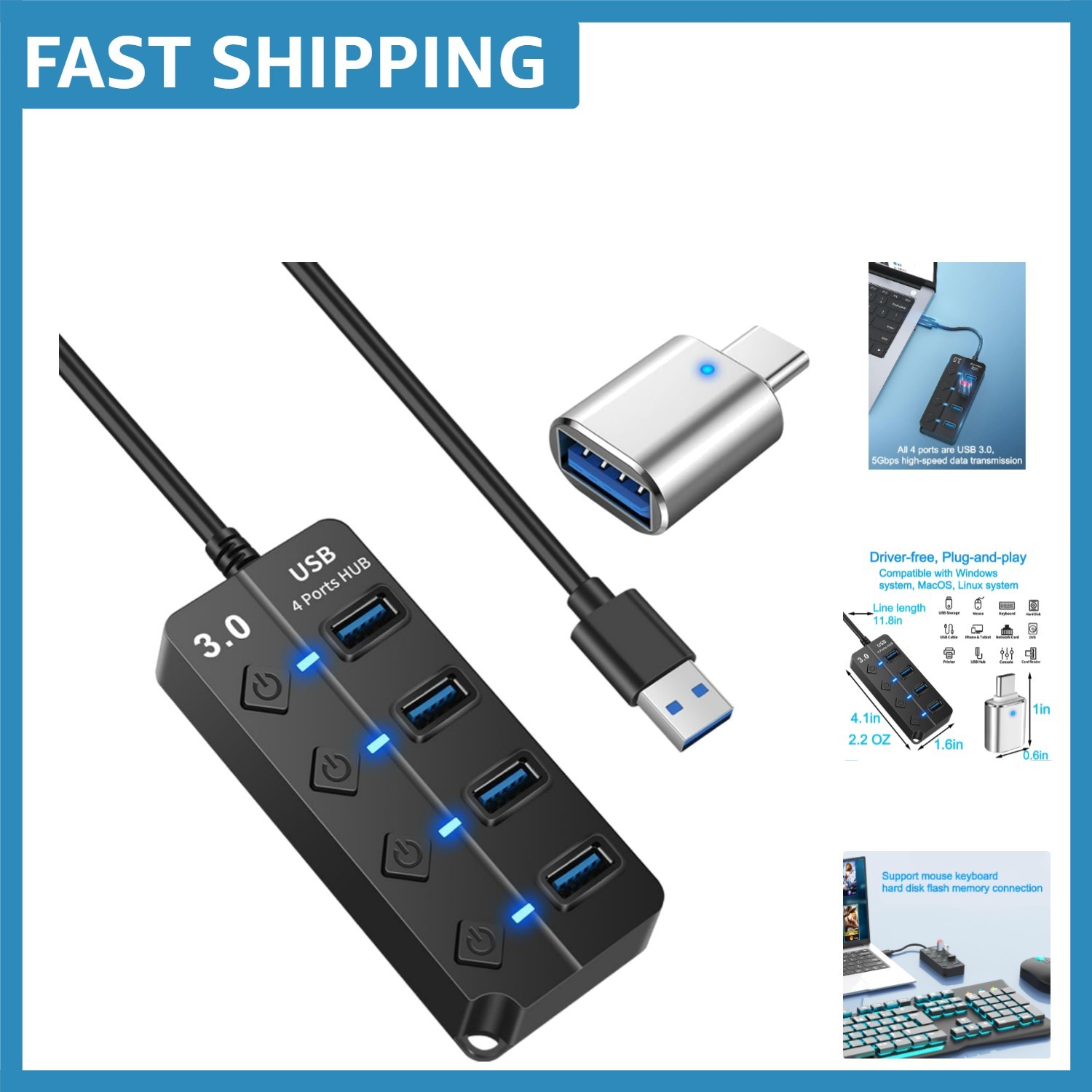 Elegant USB 3.0 Hub with 4 Ports & Individual Switches - Effortless Connectivity