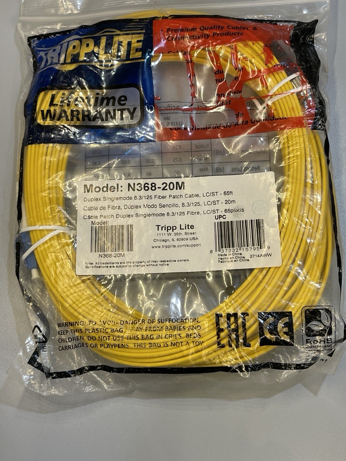Tripp Lite N368-20M Duplex Singlemode 8.3/125 Fiber Patch Cable LC/ST 20M/65ft