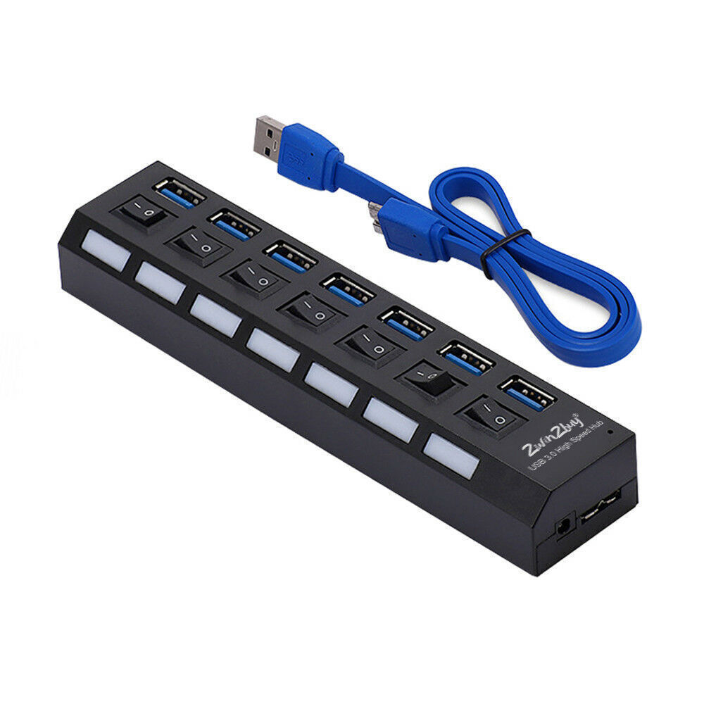 7 Port USB 3.0 Hub Charger Switch Splitter Powered AC Adapter PC Laptop Desktop