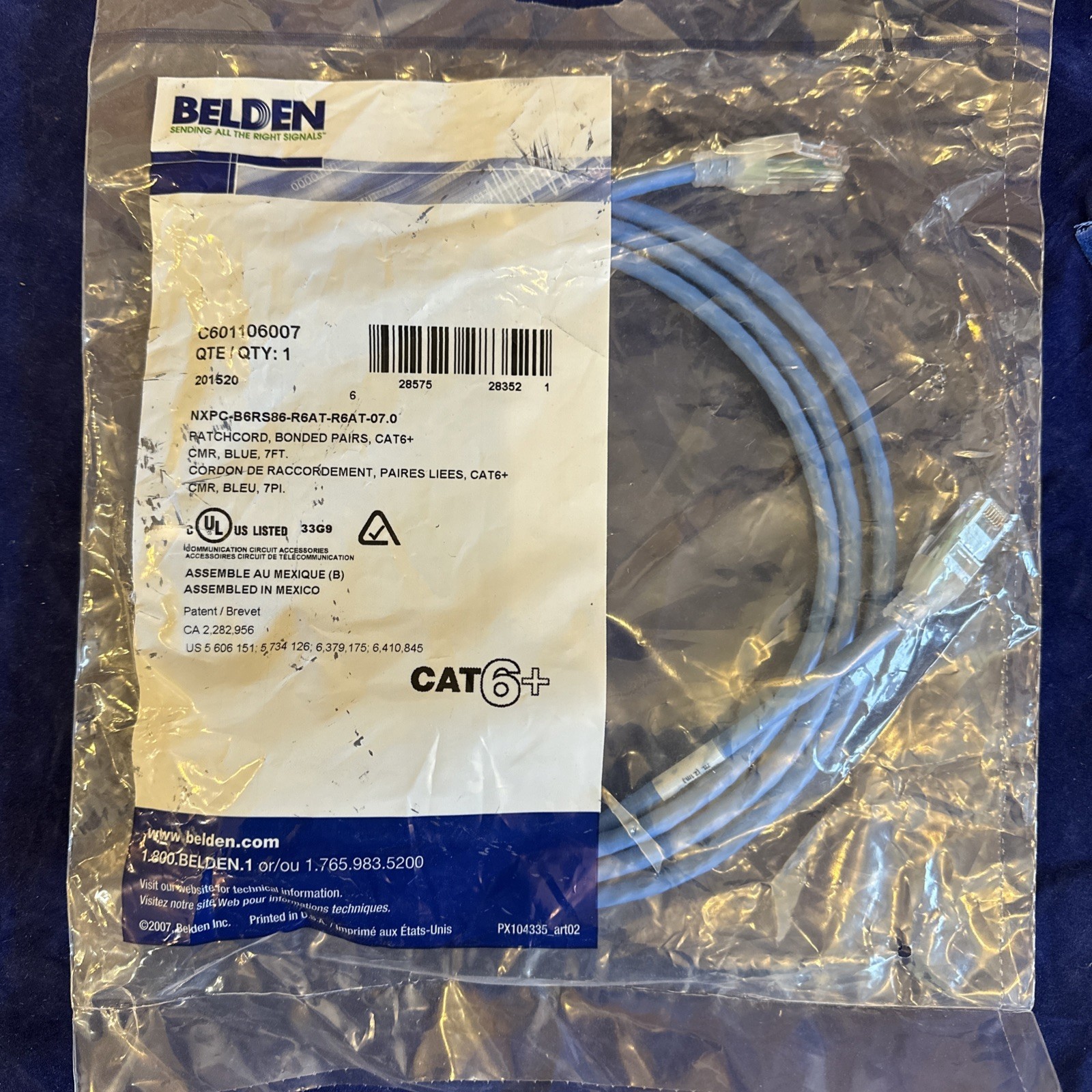 BELDEN CAT6+ Patch Cord, Bonded-Pair, 4 Pair, 24 AWG Solid, CMR, Blue, 7 ft.