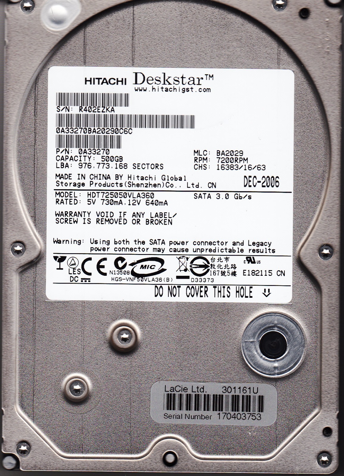 HDT725050VLA360 mlc: BA2029 p/n: 0A33270 s/n: R402 2006 500GB 3.5" SATA HITACHI