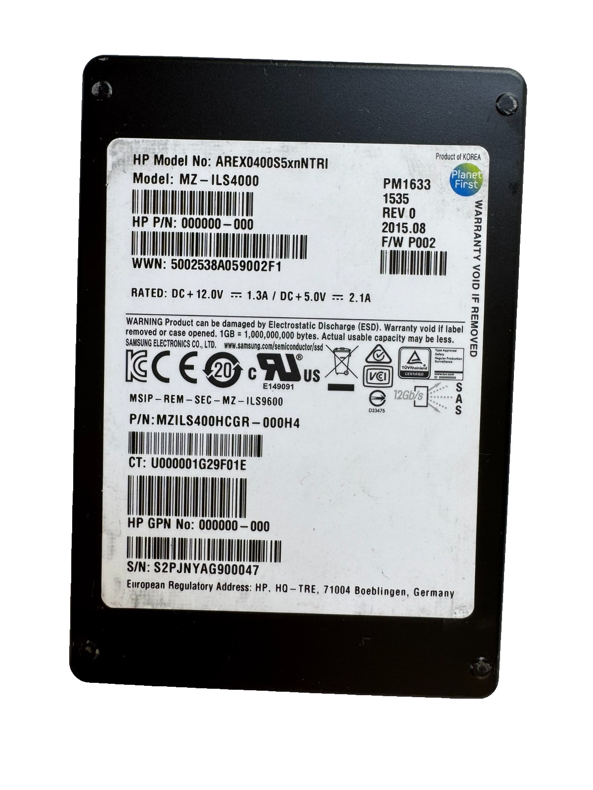 HPE SAMSUNG PM1633 400GB 2.5" SAS SSD 12Gbps/512b/s/Great Health-95-99%