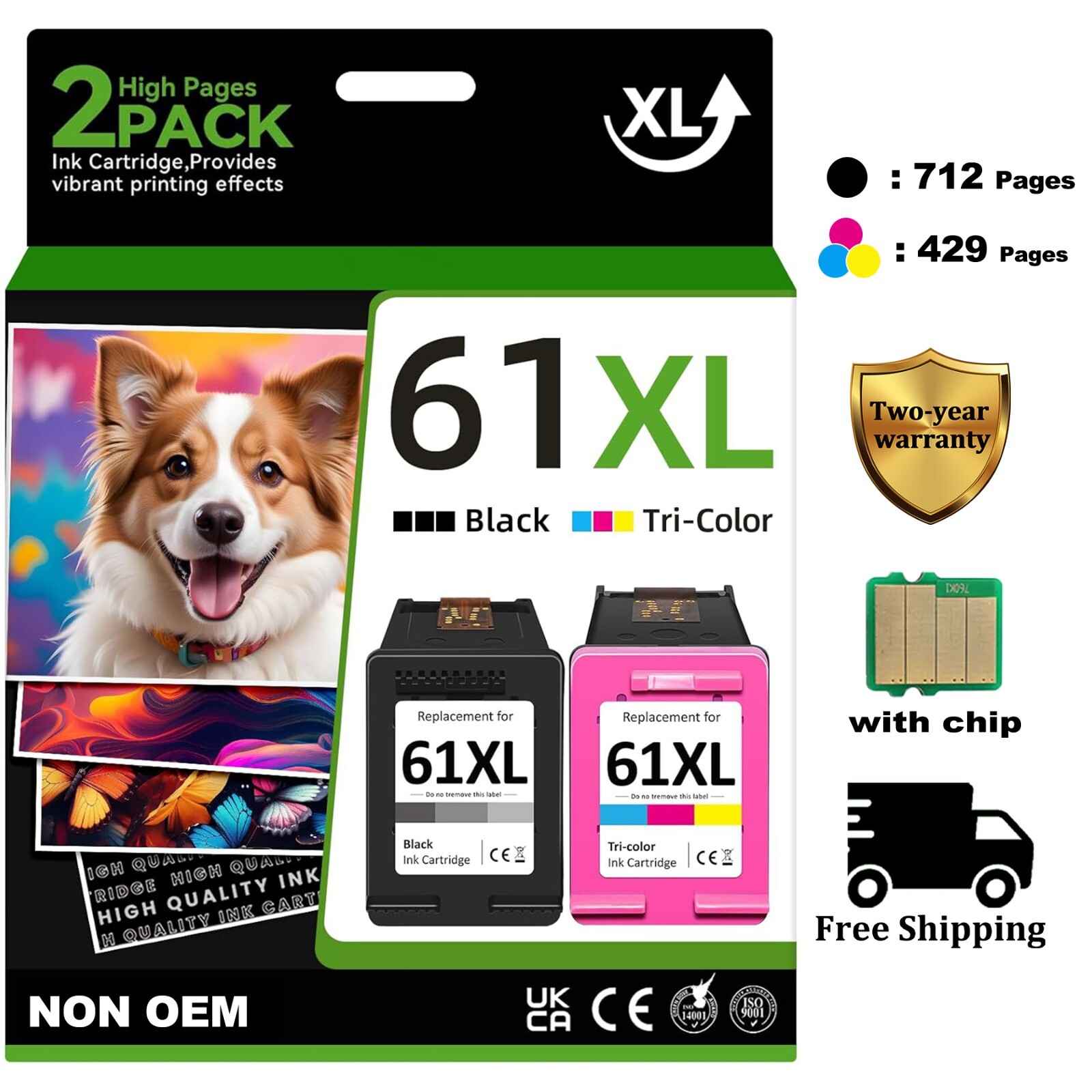 2 Pack 61XL Ink Cartridge replacement for HP OfficeJet 2620 4632 4635 4630 