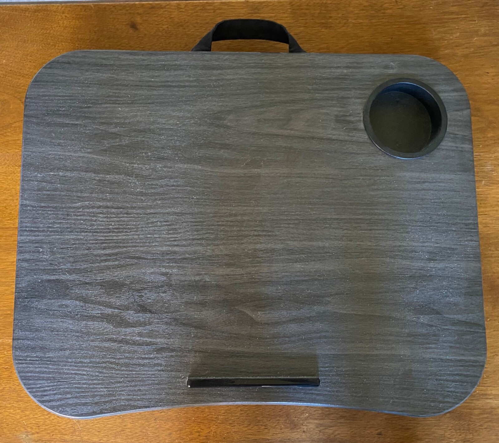 LapGear Cup Holder Lap Desk with Device Ledge  Fits up to 14 in. Gray Woodgrain