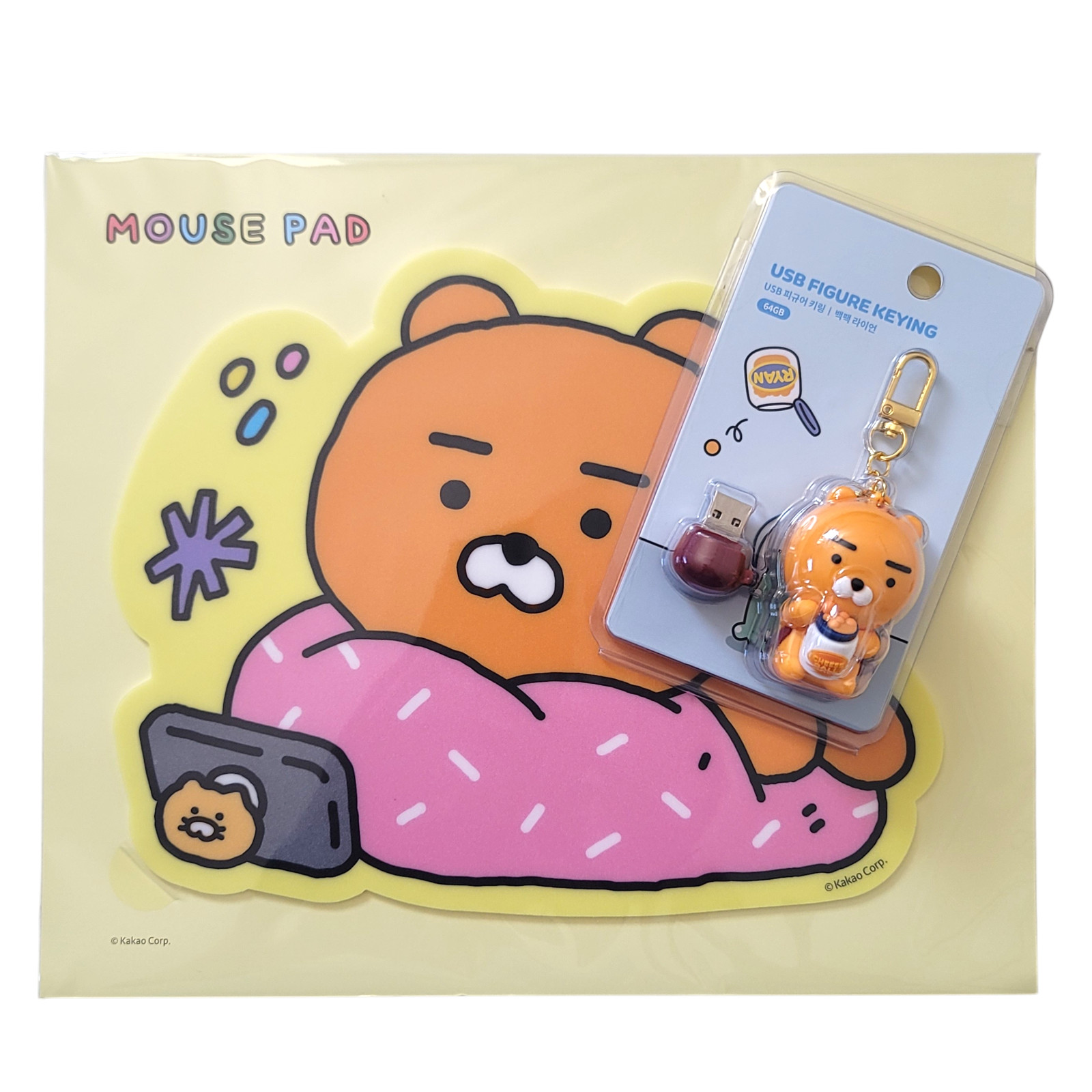 Kakao Friends Ryan Desk Combo: 64GB USB 3.1 Figure Keyring & Mouse Pad Set NEW