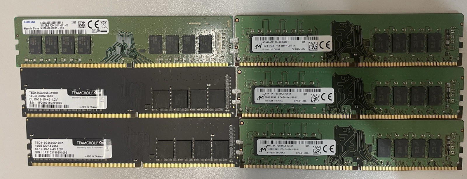 Lot of 6 16GB DDR4-2666 PC4-21300 UDIMM RAM Samsung Micron TeamGroup