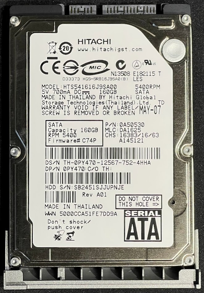 Hitachi 160GB 5400RPM 2.5" SATA Hard Drive / HTS541616J9SA00 / PY470 / YK081