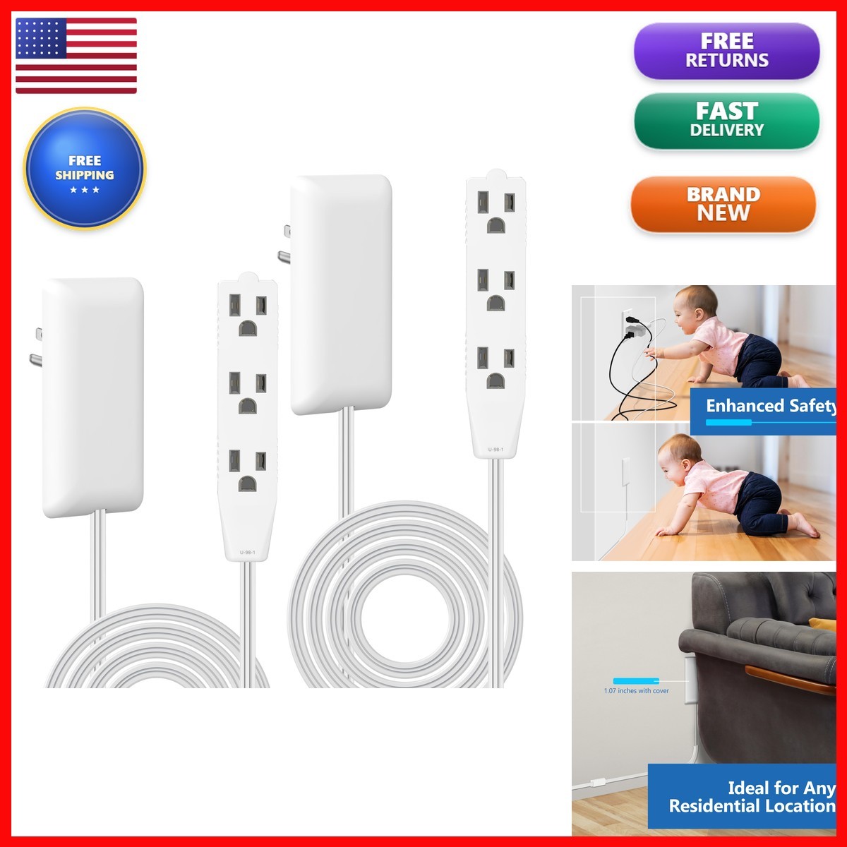 LIDER Flat-Face Outlet Extender 3 Receptacles 8ft Cord 1625W 2-Pack