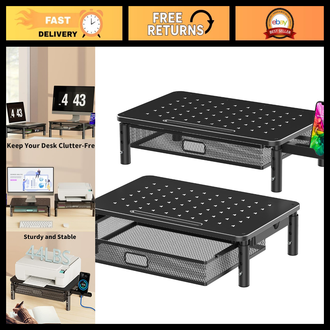 2 Pack Adjustable Monitor Stand Riser with Metal Drawer, Ergonomic Height Option