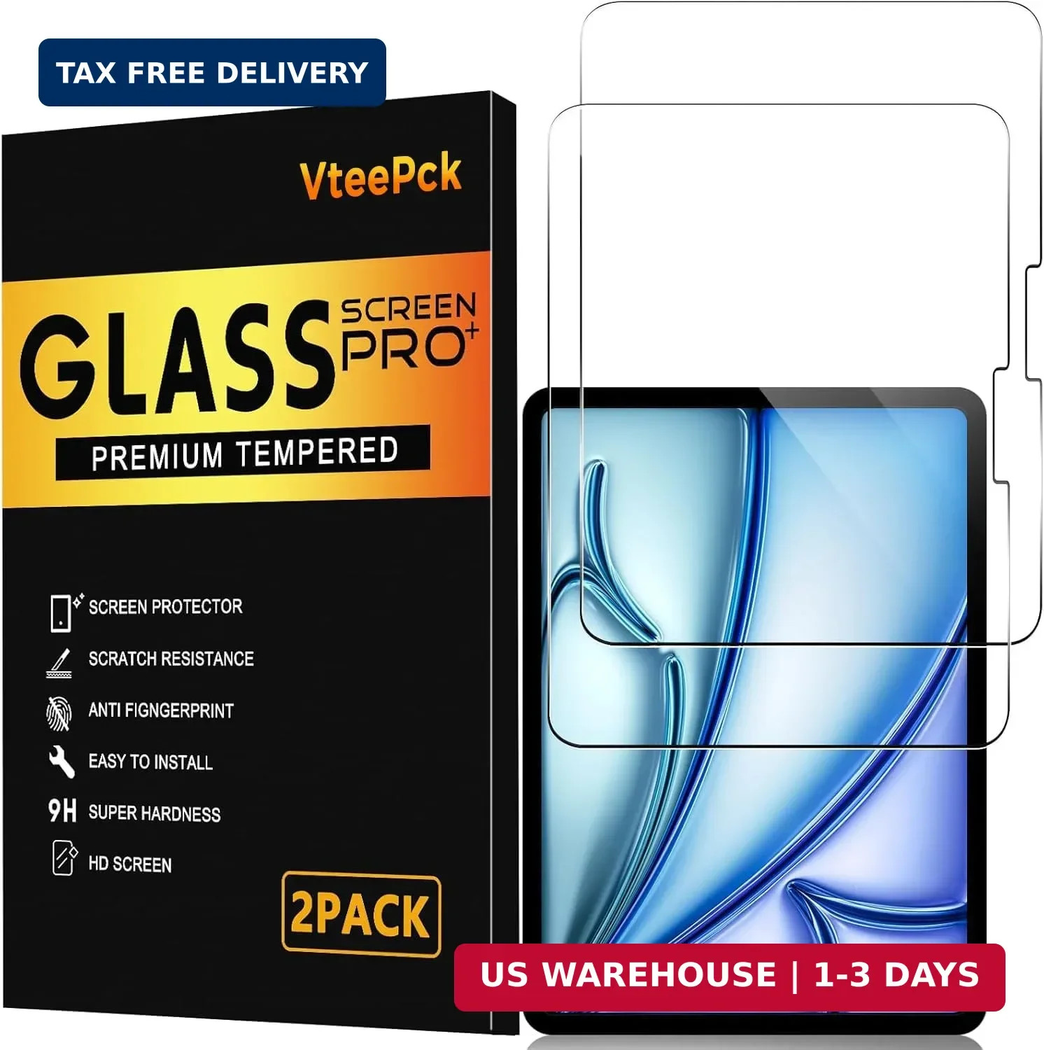 2 Pack 9H Tempered Glass for iPad Air 11 Inch M4/M3/M2, HD Clear