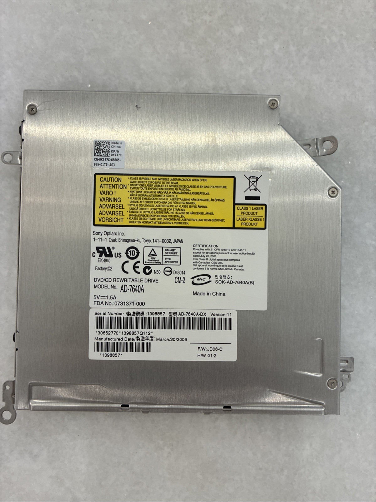 Dell XPS M1530 Sony Optiarc AD-7640A Slim DVD±RW CD Drive 0K937C