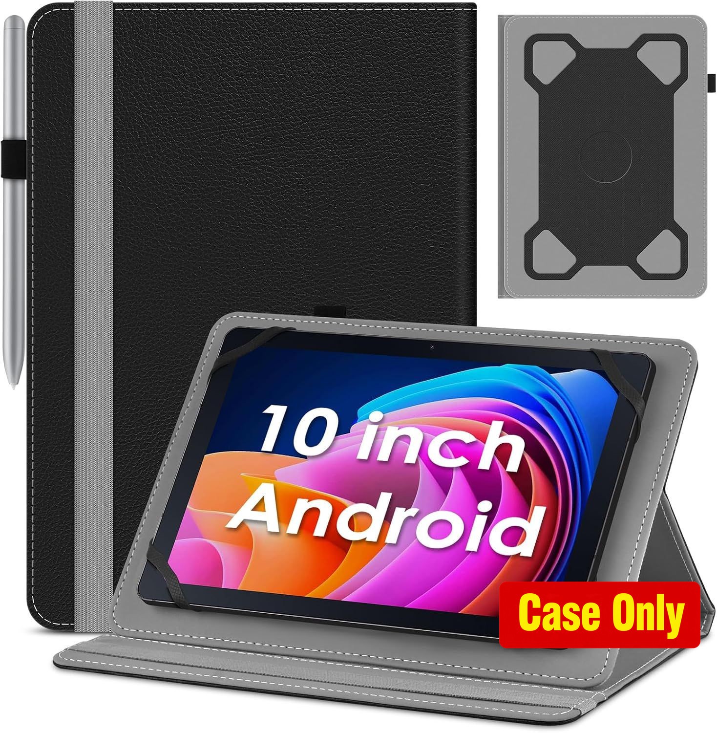 Case for 10 Inch Tablet - Protective Folio Stand with Pencil Holder and Elastic