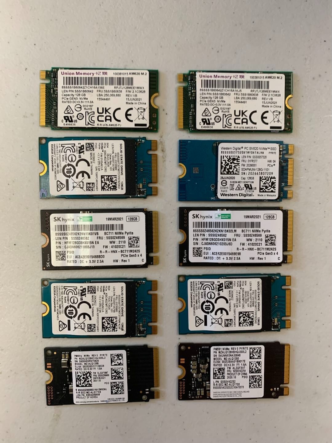 Lot of 10 x Mixed 128GB M.2 2242 PCIe NVMe SSDs